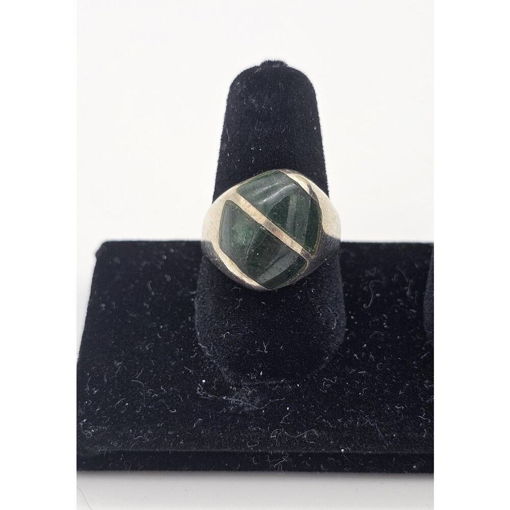 Vtg Sterling Silver Mexico 925 Green Jade Inlay Ring Size 7.75 Signed